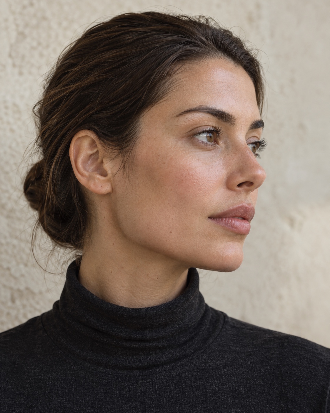 Close three-quarter portrait with natural skin texture emphasizing facial proportion, chin contour, and jawline