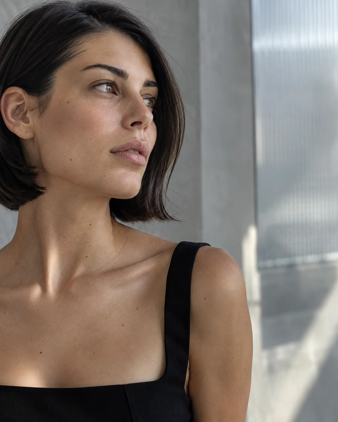 Editorial portrait of an adult model looking into soft architectural light