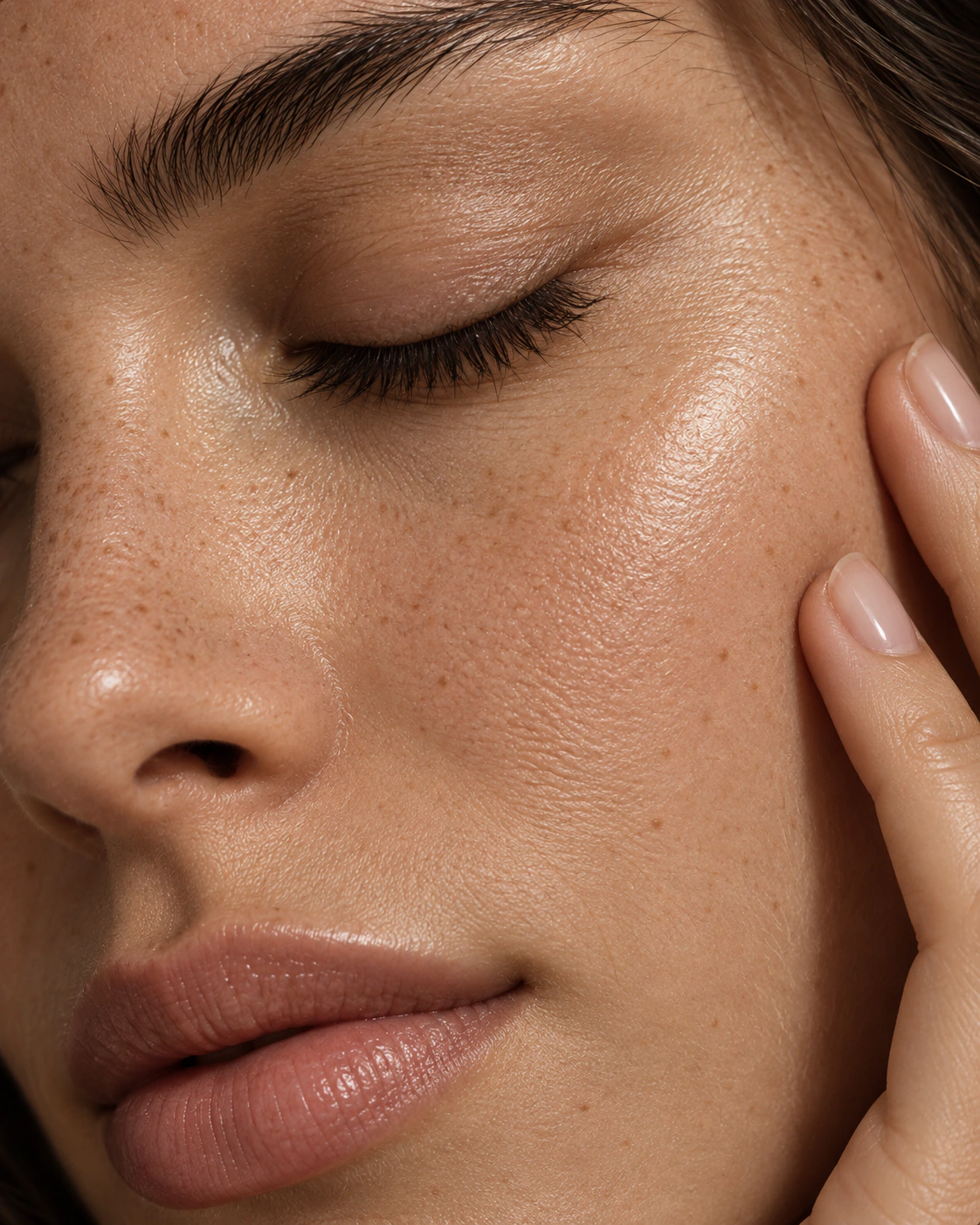 Extreme macro editorial study of closed eyes, freckles, and natural skin texture