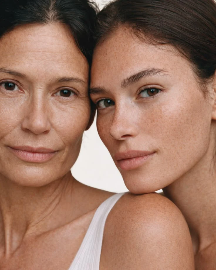 Editorial portrait of two adult women with natural, visible skin texture