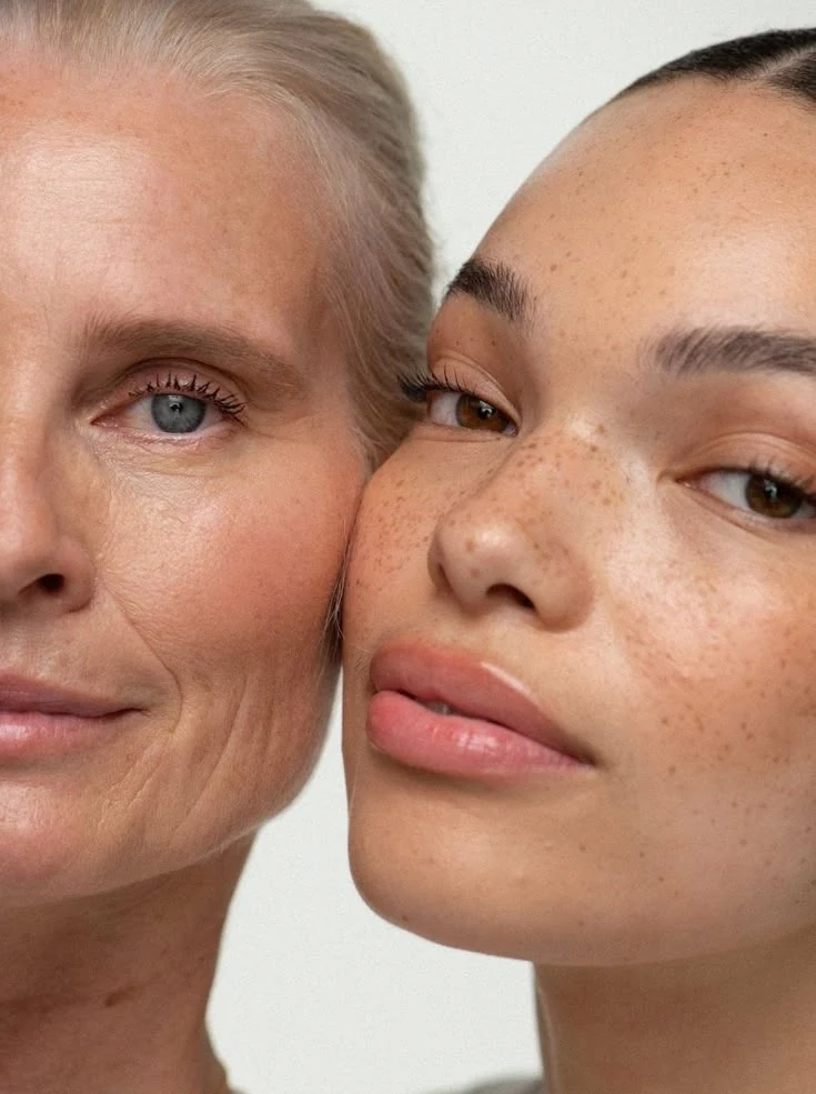 Close editorial portrait of two adult women from different generations