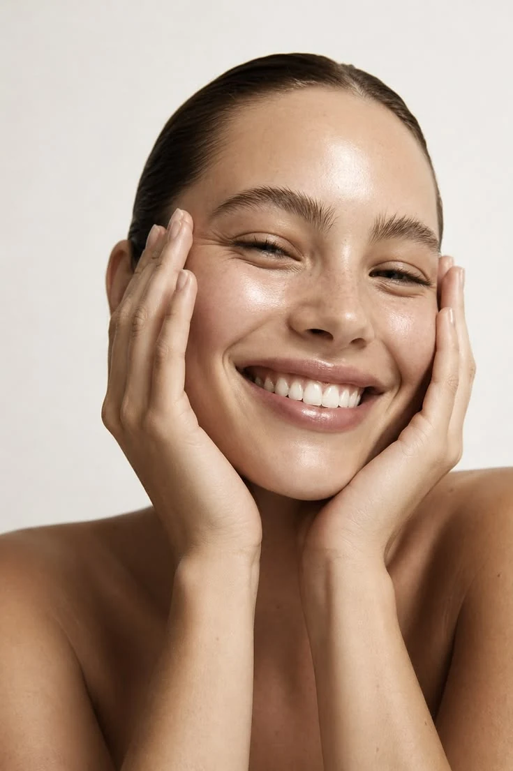Smiling adult woman in a natural-skin editorial portrait