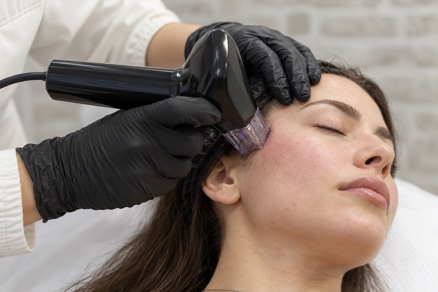 Close view of a Morpheus8 applicator and violet cartridge positioned at the upper cheek by black-gloved hands