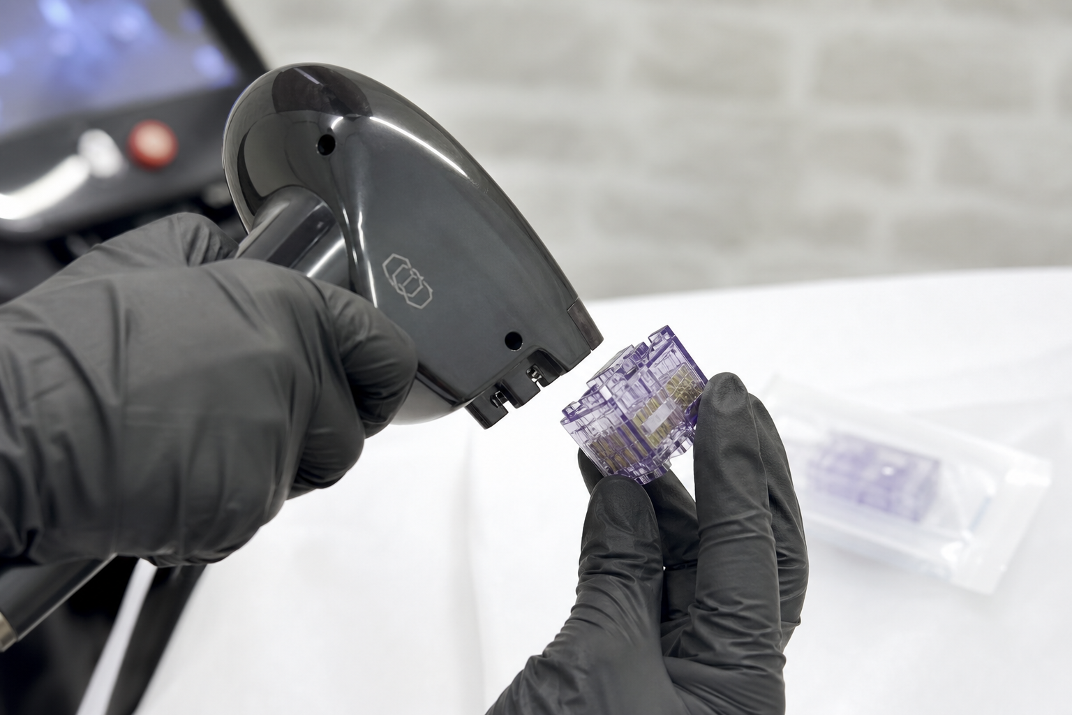 Morpheus8 applicator cartridge being prepared with gloved hands