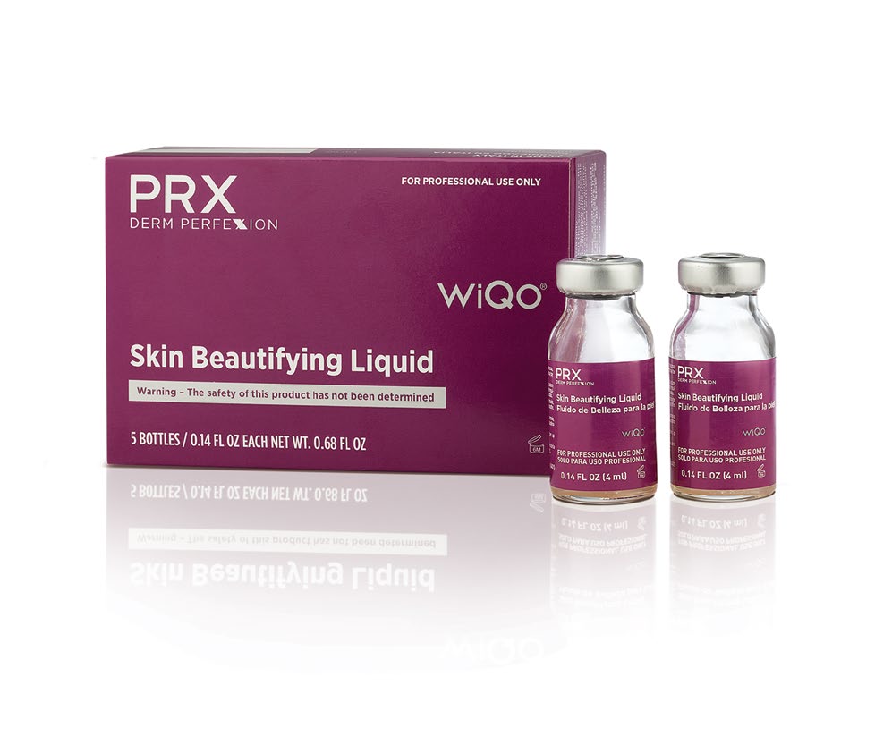 Official WiQo PRX Derm Perfexion packaging and professional-use vials